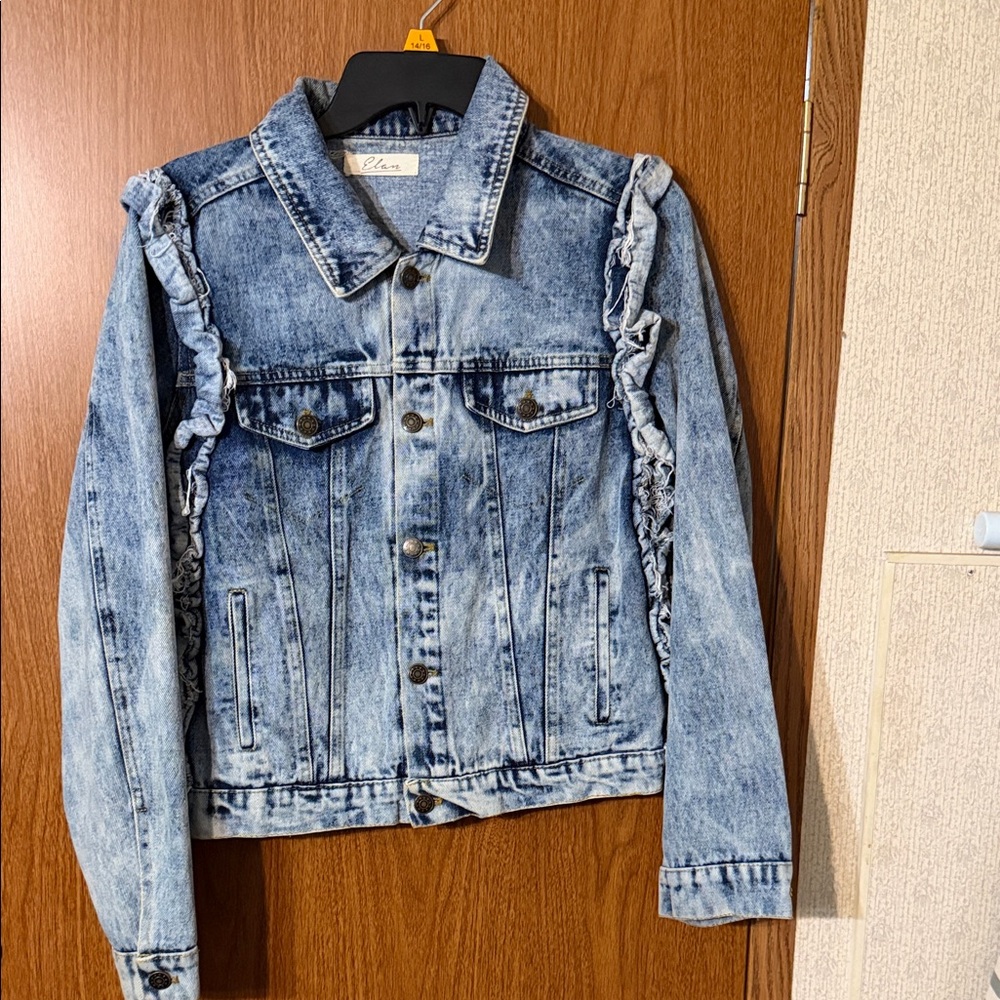 Elan Blue Jean Jacket with Ruffle Details